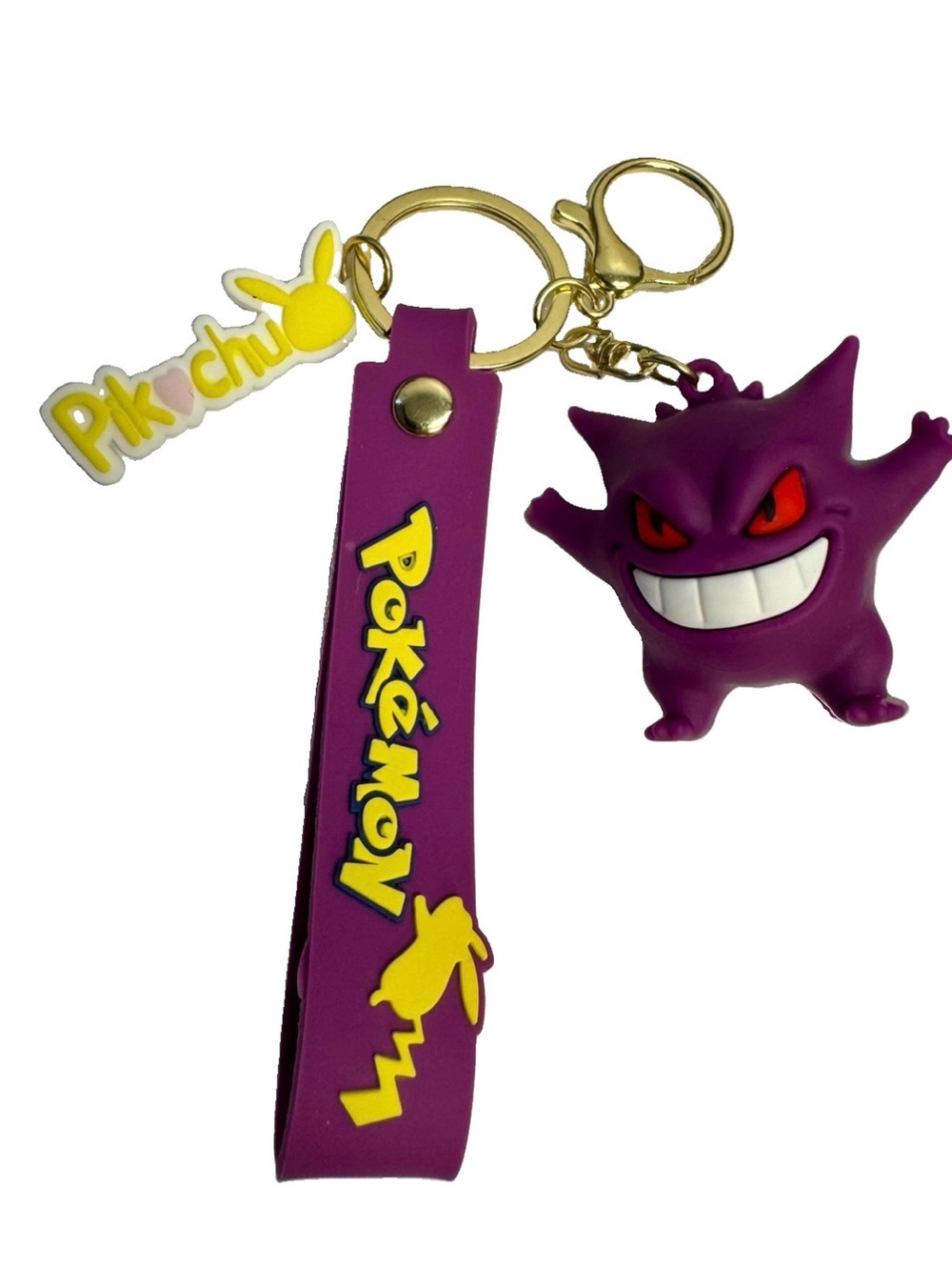 Pokémon Gengar Keychain with Purple Strap and Pikachu Charm